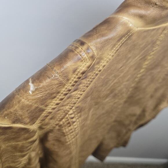THRASHED J2 Camel Brown Faux Leather Jacket Crop LARGE Moto Steampunk Grunge Y2K - Picture 7 of 10